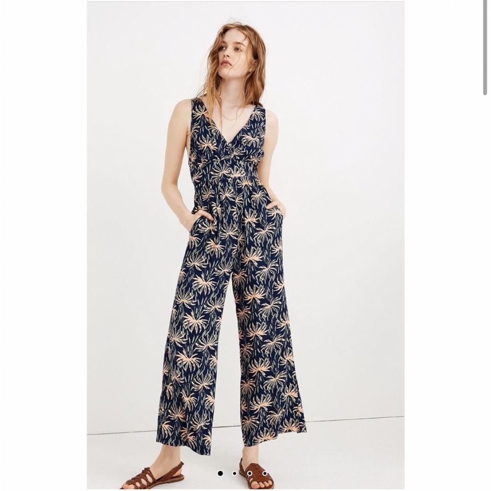 Madewell Navy Palm-Print Wide-Leg Jumpsuit